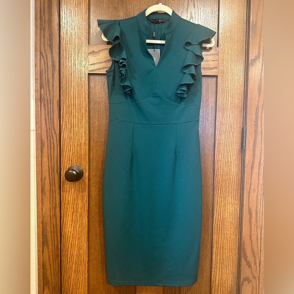 Cocktail Dress, Dark Green, Large 12-14, Brand - Knitee, Ruffle Sleeve, NWT